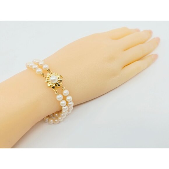 Unique 14K Karat Solid Yellow Gold Designer 2 Row Pearl Link Bracelet - 7.25" L - Picture 7 of 12